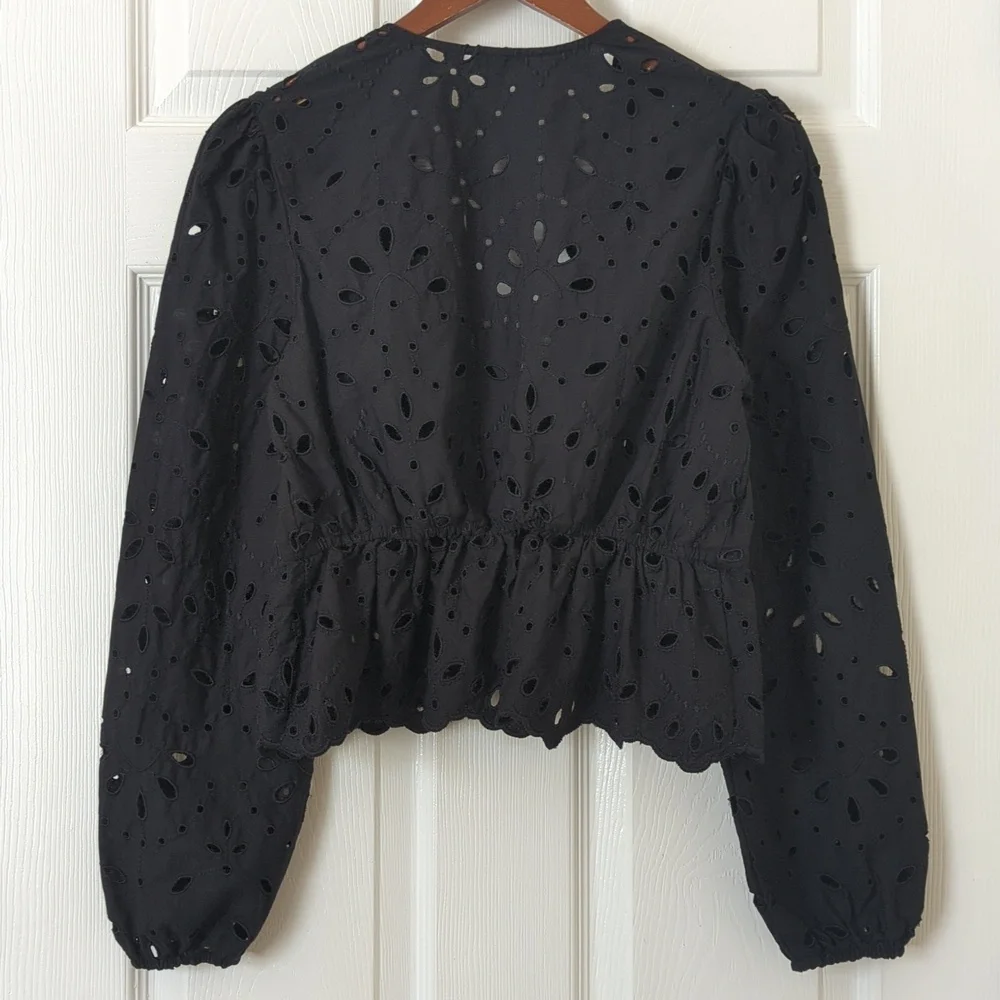 Express Bohemian Eyelet Embroidered Long Sleeve Tie Front Cropped Blouse Black S - Picture 10 of 12